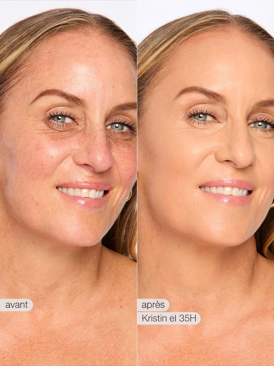 Comparaison avant/après du visage d'une femme avec une amélioration visible de la peau, identifiée 'Kristin' et '35H'.