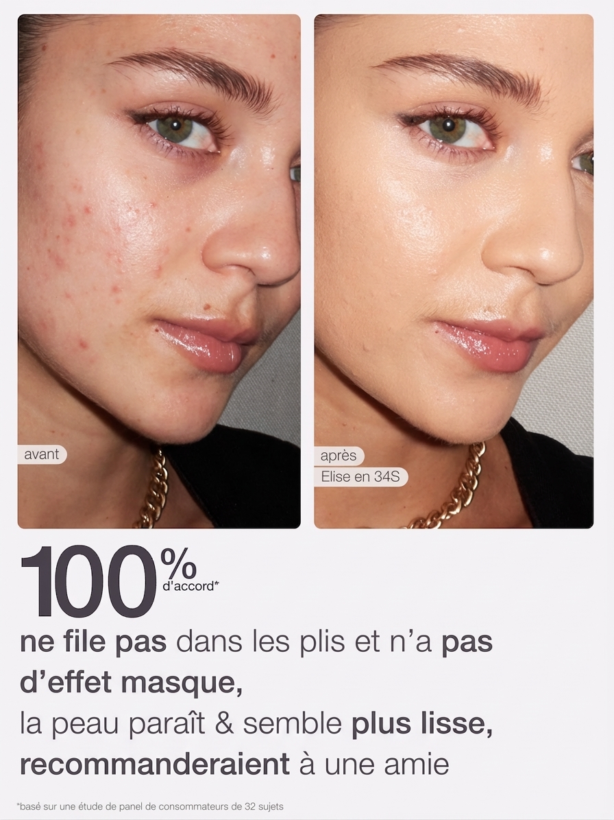 Comparaison avant/après du visage d'une femme avec du maquillage appliqué, montrant une texture de peau plus lisse.